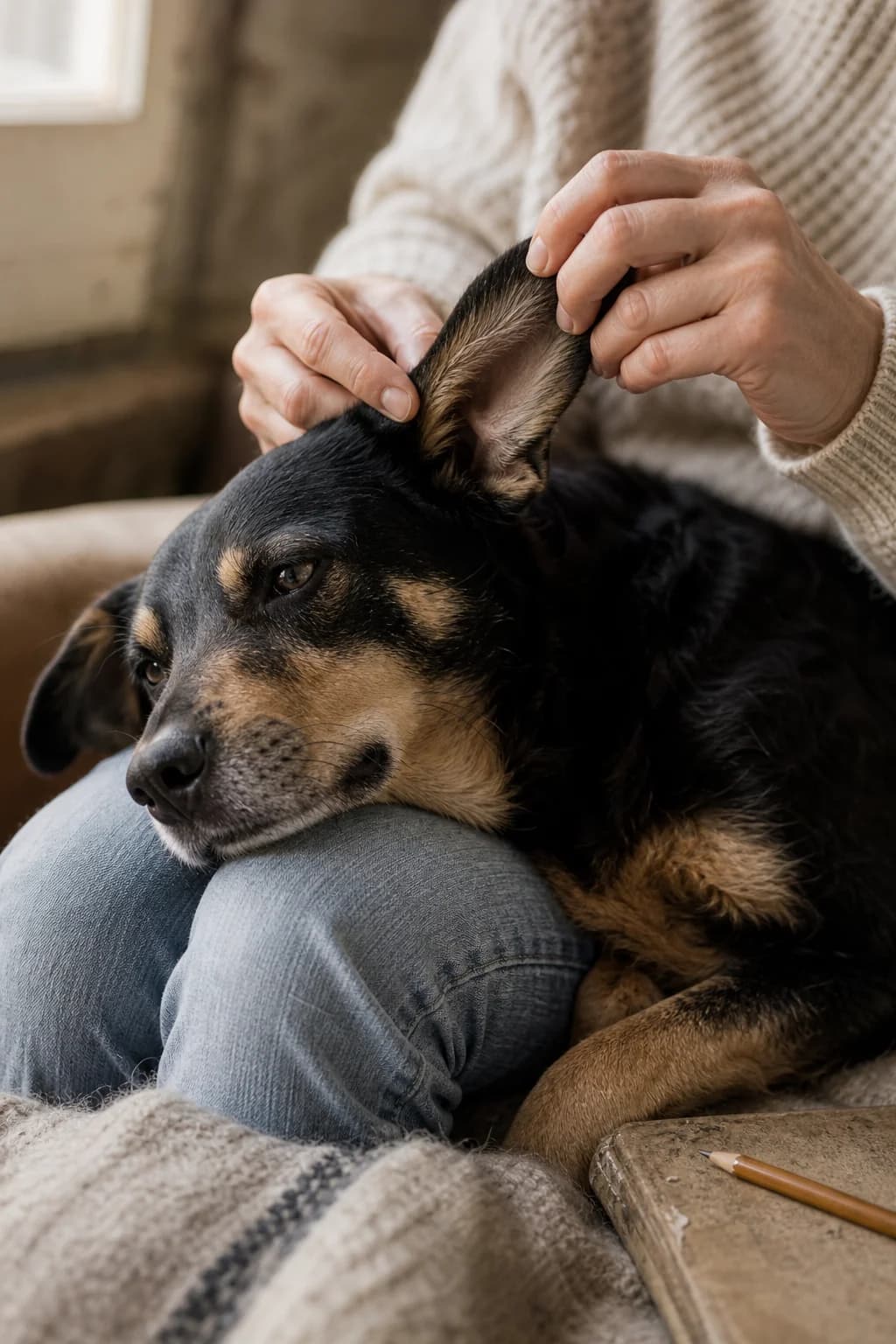 Hands gently checking a resting dog's ear beside a notebook and pencil
